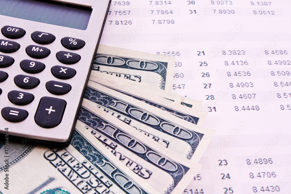 Some financial things - calculator, money, digits Some financial things - calculator, money, digits