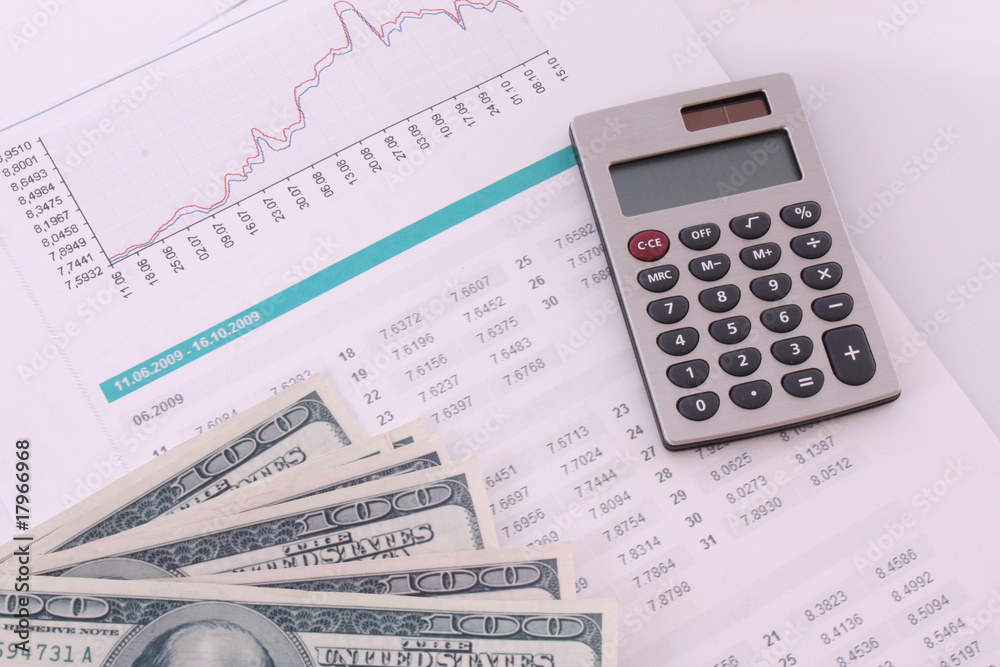 Some financial things - calculator, money, digits, charts Some financial things - calculator, money, digits, charts