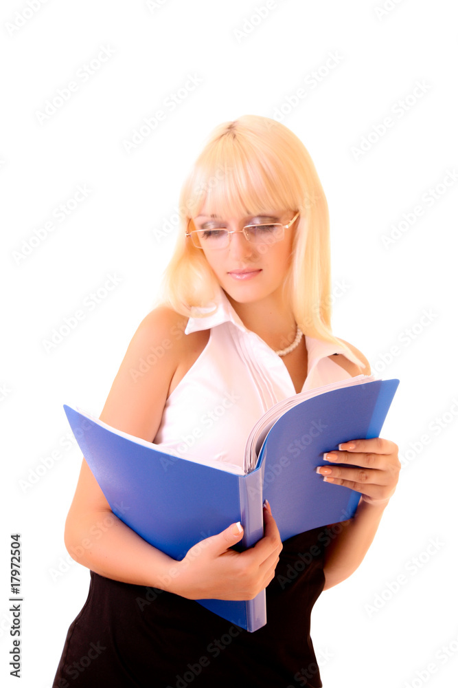 Young woman with blue folder isolated on white Young woman with blue folder isolated on white