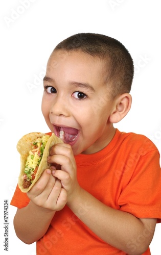 boy with a taco, isolated on white