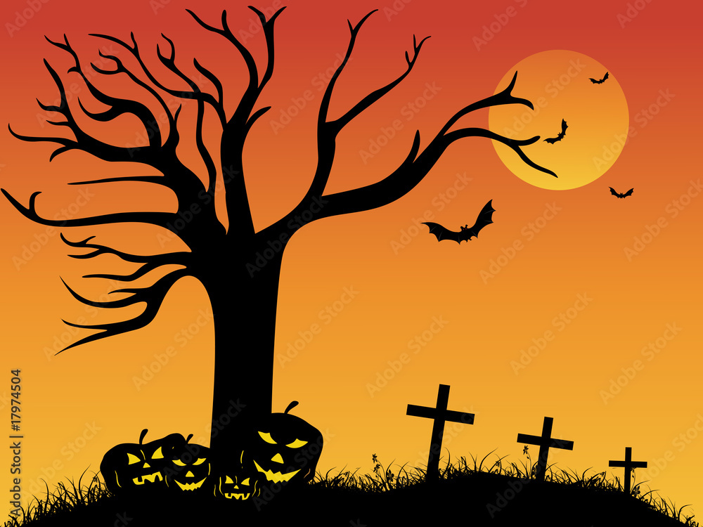 sunset background with pumpkin, dead tree