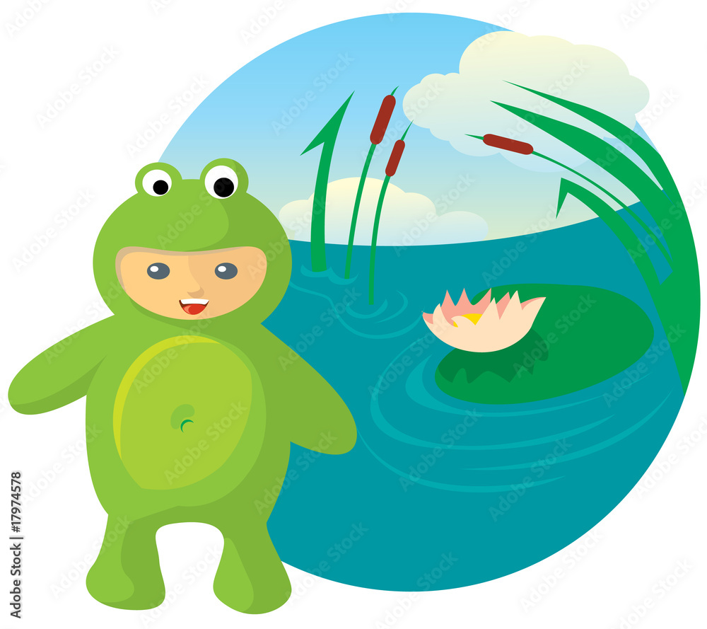 Obraz premium Vector illustration of cute kid wearing masquerade.(frog)