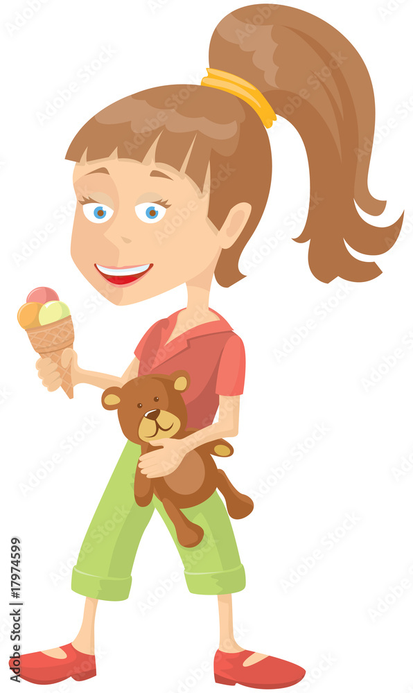 Happy girl with icecream and teddy-bear Happy girl with icecream and teddy-bear