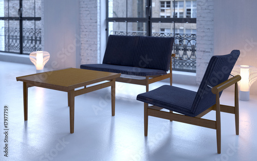 Industrial loft interior with modern Danish furniture