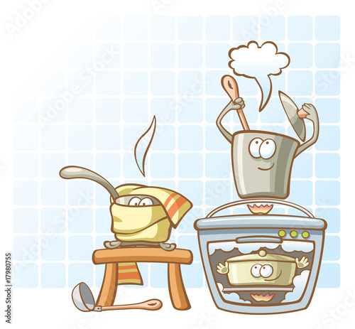 in the kitchen - three cheerful saucepans cooking
