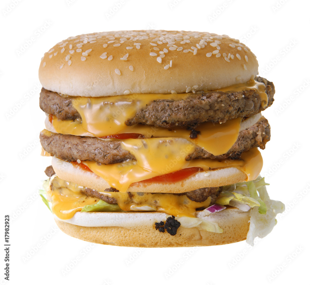 Triple cheeseburger isolated on white background