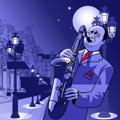 Handdoek met foto Muziekband Vector illustration of a saxophonist in Paris  © Isaxar