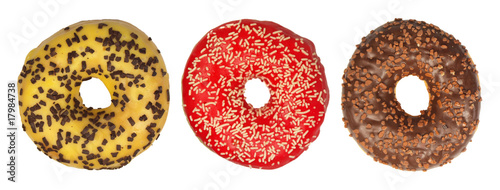 Collection of three colored donuts isolated on white