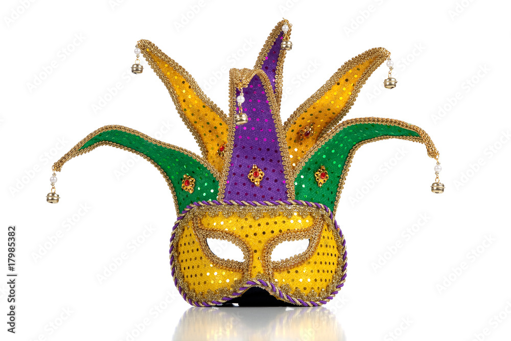 Gold, purple and green mardi gras mask - obrazy, fototapety, plakaty 