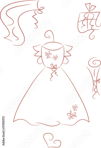 Zeichnung: Hochzeitskleid mit Accessoires