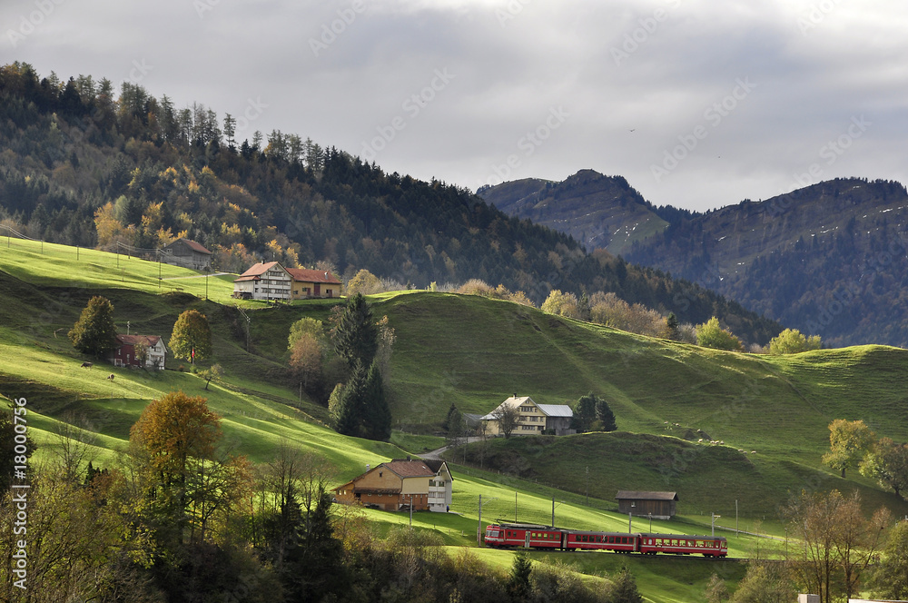 Fototapeta premium Panorama von Urnäsch mit Eisenbahn