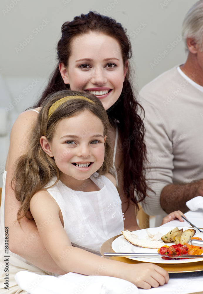 Mother and daughter having dinner with their family
