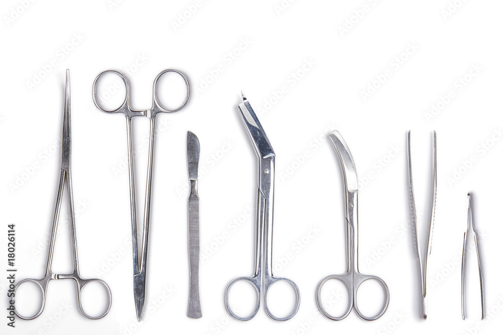 Surgeon tools - scalpel, forceps, clamps, scissors - isolated Stock Photo |  Adobe Stock