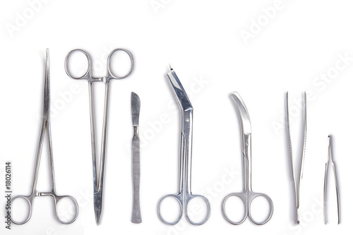 Fotomurale Surgeon tools - scalpel, forceps, clamps, scissors - isolated