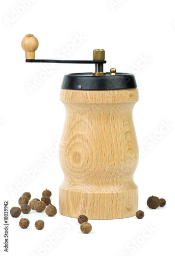 Wooden spice handmill and allspice photo
