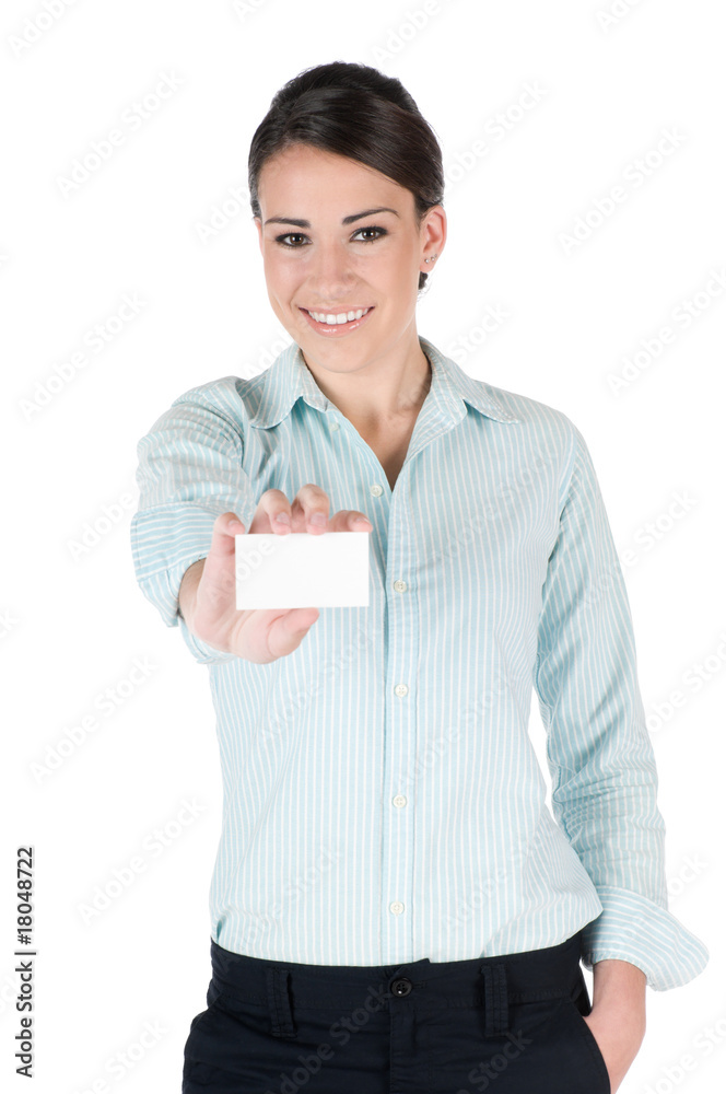 Young businesswoman holding blank business card, isolated on whi Young businesswoman holding blank business card, isolated on whi