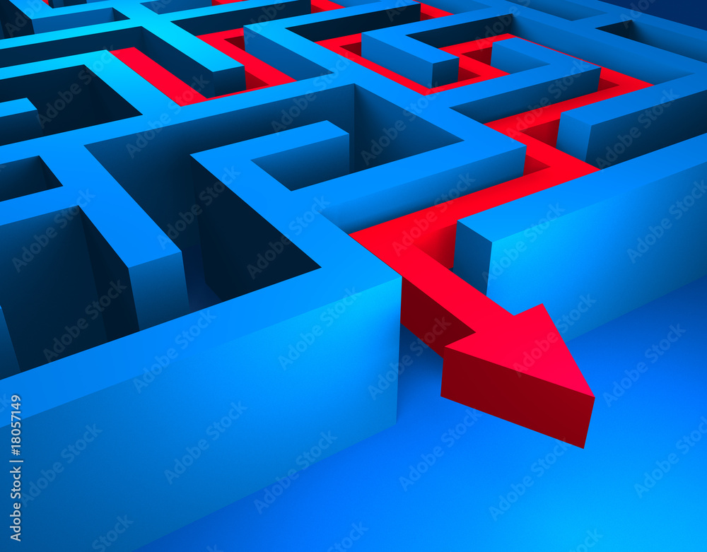 Red path across blue labyrinth Red path across blue labyrinth