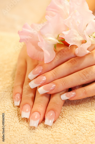 Hands of young woman with french manicure