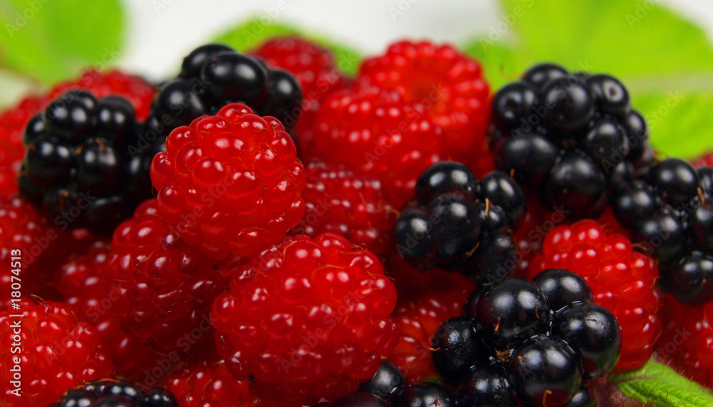 Raspberries and blackberries with leaves isolated on white Raspberries and blackberries with leaves isolated on white