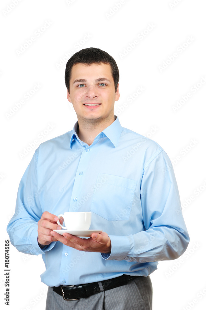 Young man holding cup of coffee (or tea) isolated on white Young man holding cup of coffee (or tea) isolated on white