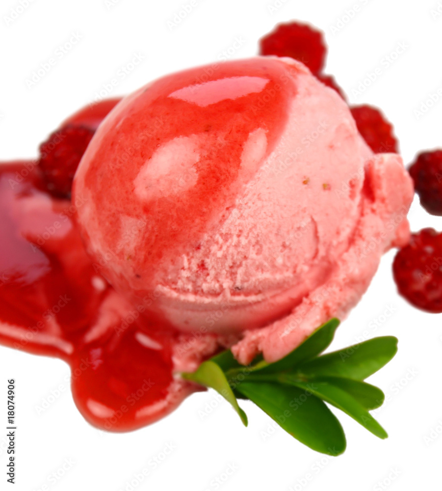 Raspberry scoop with fruit, leaves and icing isolated on white Raspberry scoop with fruit, leaves and icing isolated on white