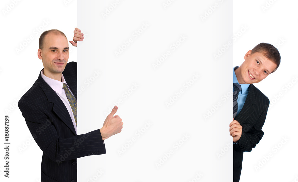 two business mans standing by white blank card