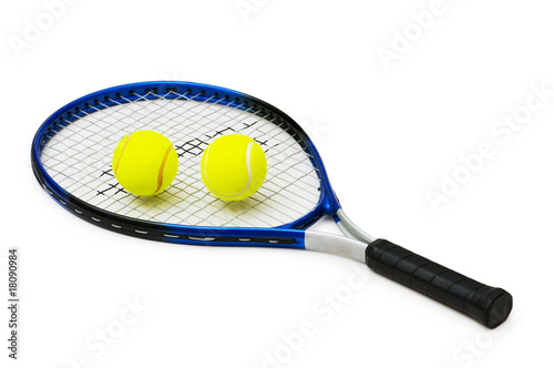 Bilde på lerret Two tennis balls and racquet isolated on white