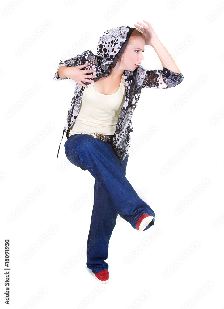 attractive girl dancing hip hop over white