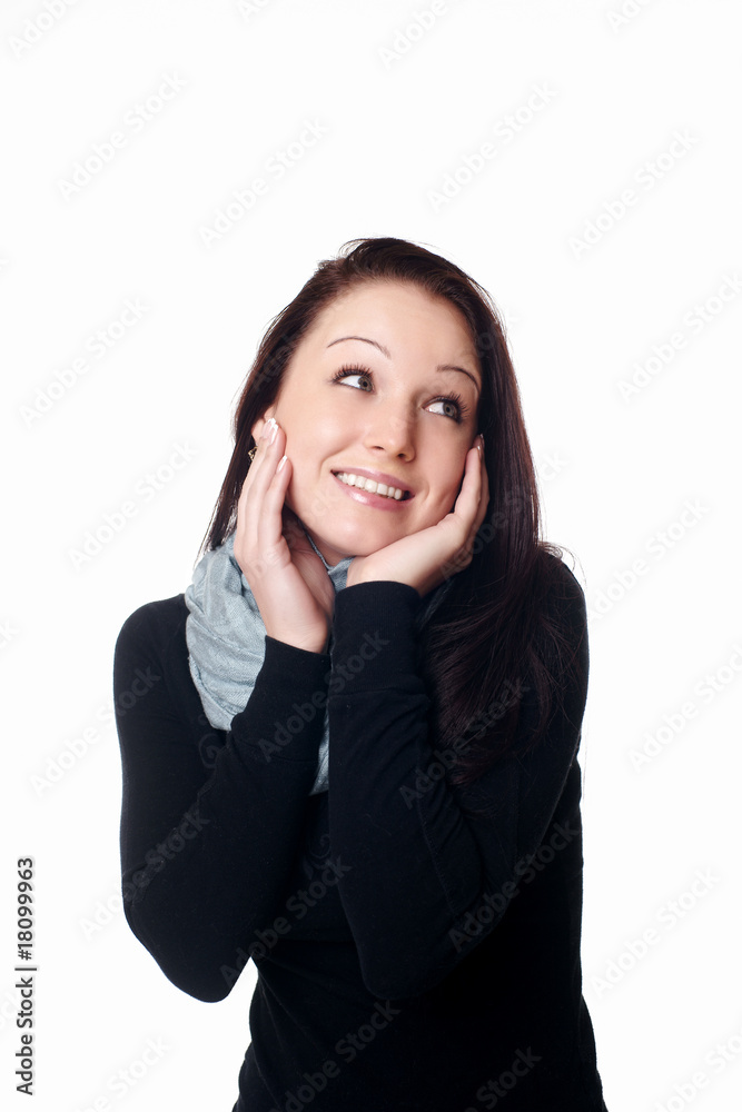 Isolated portrait shot of a beautiful caucasian woman. Holding h Isolated portrait shot of a beautiful caucasian woman. Holding h