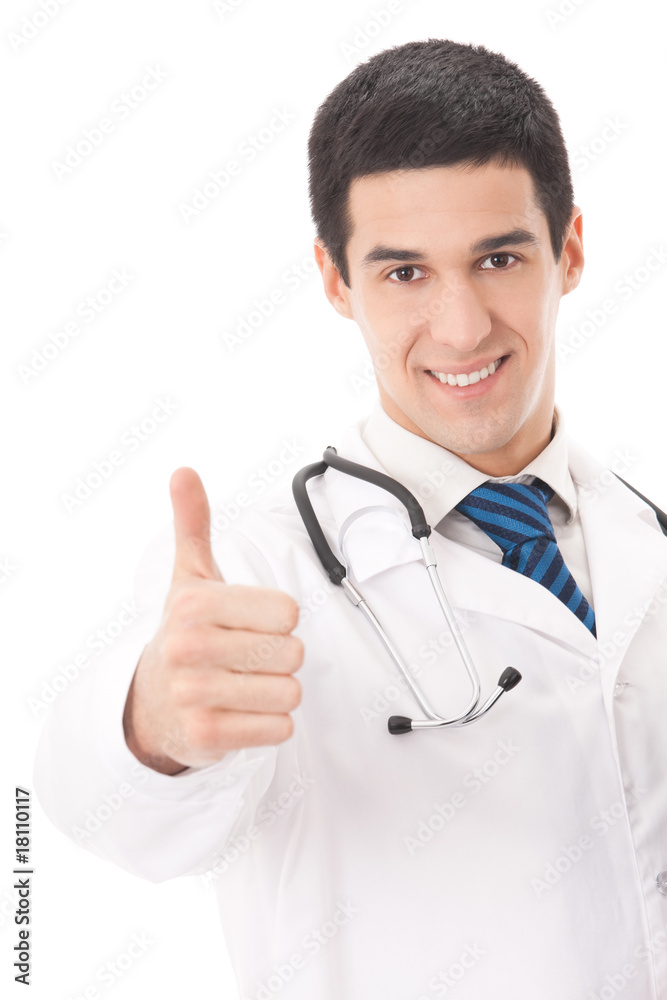 Happy doctor with thumbs up gesture, isolated on white Happy doctor with thumbs up gesture, isolated on white
