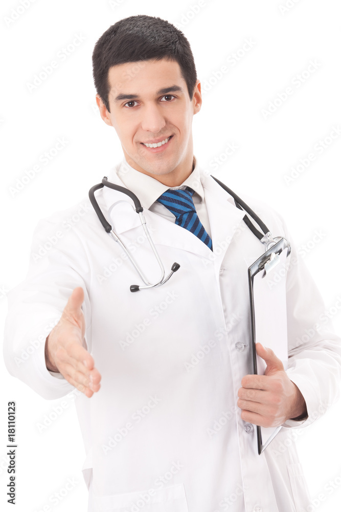 Happy doctor giving hand for handshake, isolated on white Happy doctor giving hand for handshake, isolated on white
