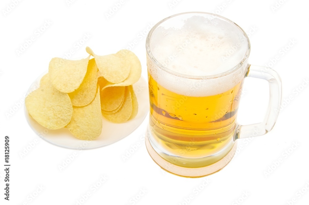 beer with chips isolated on white beer with chips isolated on white