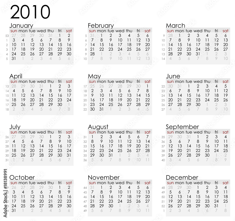 Simple Calendar 10 With Week Notation Stock Vector Adobe Stock