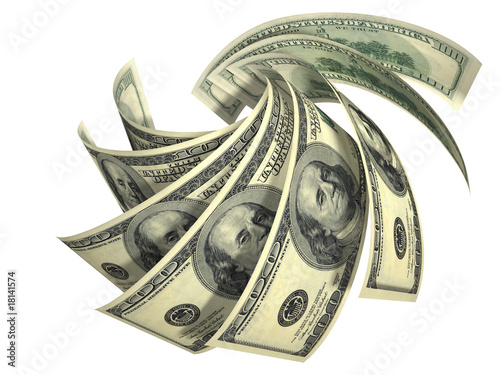 Dynamic composition of several dollars banknotes isolated