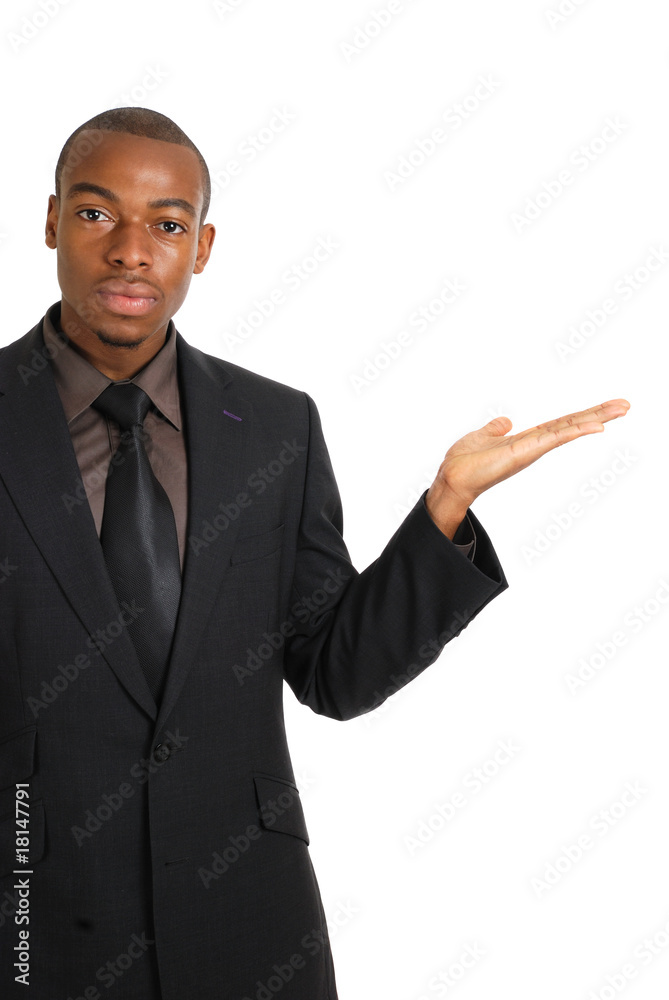 African american business man with hand raised into copyspace African american business man with hand raised into copyspace
