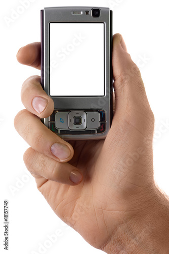 Wallpaper Mural Mobile phone in hand isolated on white background Torontodigital.ca