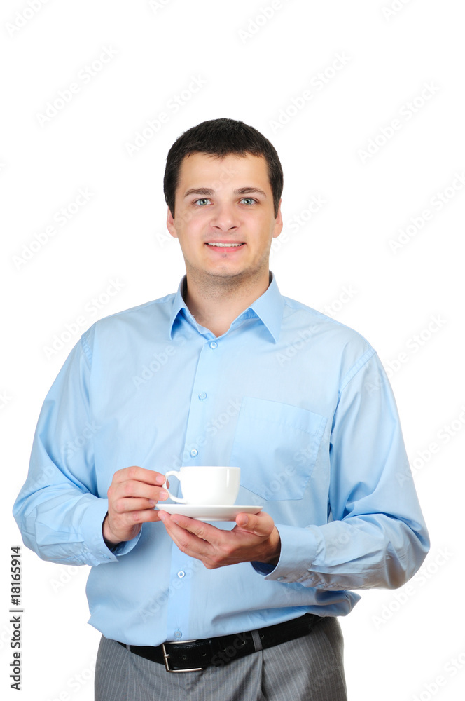 Young man holding cup of coffee (or tea) isolated on white Young man holding cup of coffee (or tea) isolated on white