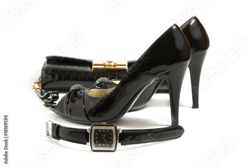 Ladies' watch, high heels shoes and handbag