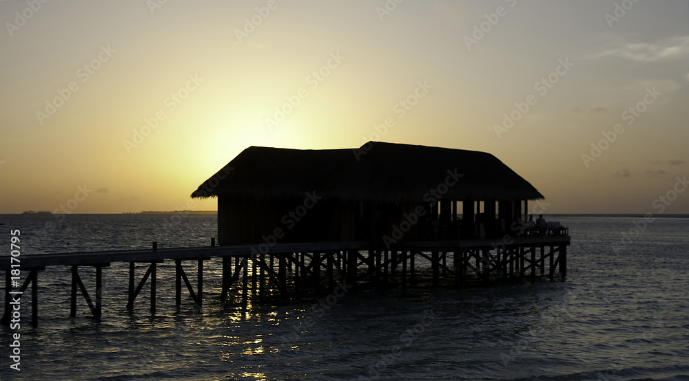 Maldivian restaurant at sunset, Mirihi, Maldives Maldivian restaurant at sunset, Mirihi, Maldives