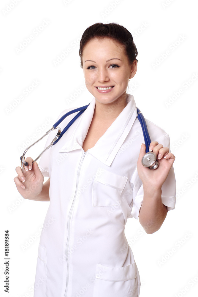 Smiling medical doctor with stethoscope. Isolated over white bac Smiling medical doctor with stethoscope. Isolated over white bac