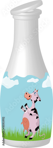 bottle with milk and a kind cow on a meadow