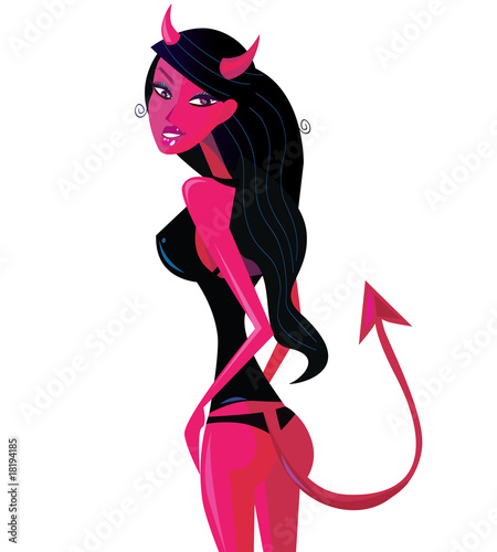 Cartoon retro devil pinup girl. VECTOR ILLUSTRATION.