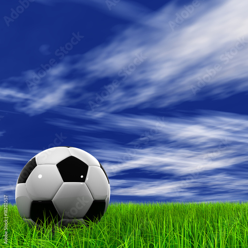 3D black soccer ball green grass and a blue sky with clouds