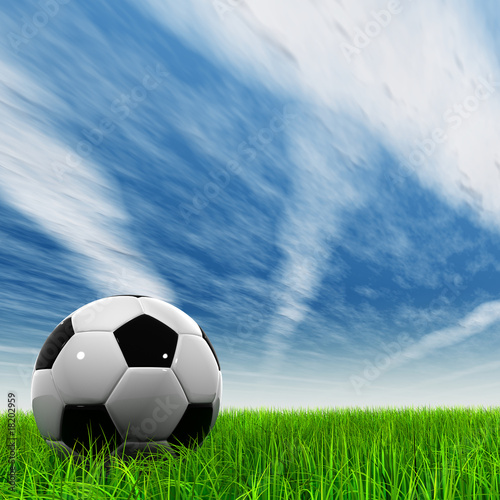 3D black soccer ball green grass  blue sky with plane trails