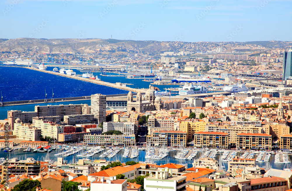 Aerial view of Marseille City and harbor