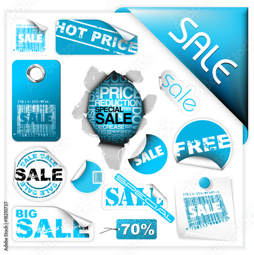 Set of blue sale tickets, labels and stickers