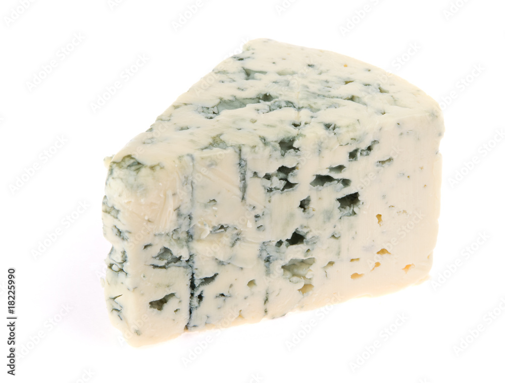 piece of blue cheese on white background