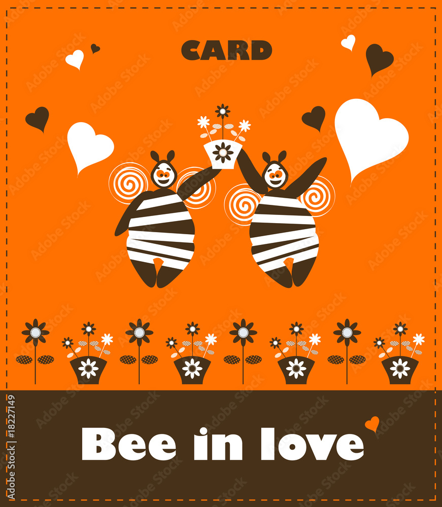 Bee in love card, wedding poster, fake stroke paper. Love, congr