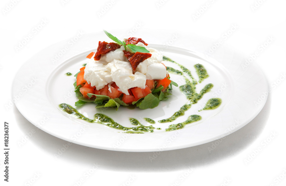 Dish with tomatoes, salad ruccola and cheese a mozzarella Dish with tomatoes, salad ruccola and cheese a mozzarella