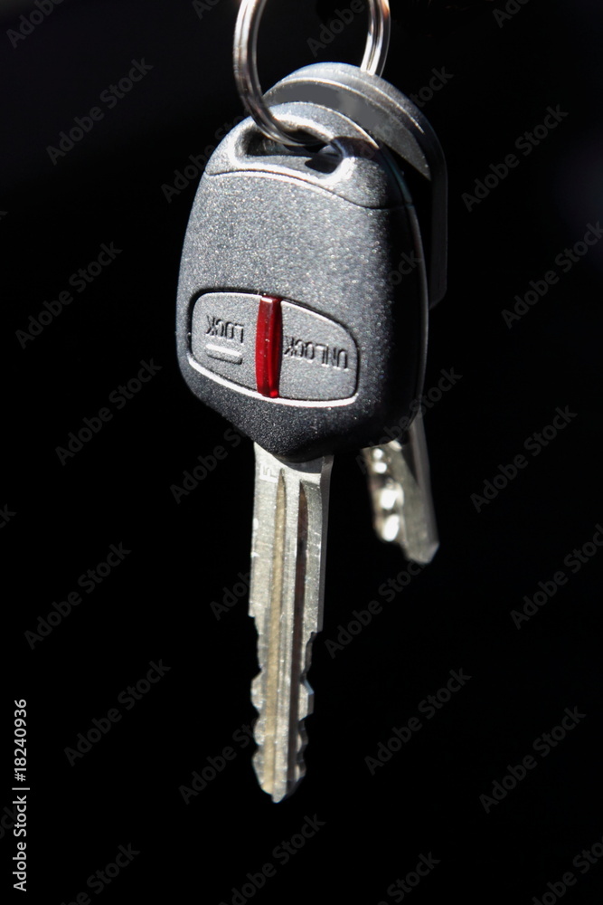 Auto keys and alarm trinket on black background. Auto keys and alarm trinket on black background.